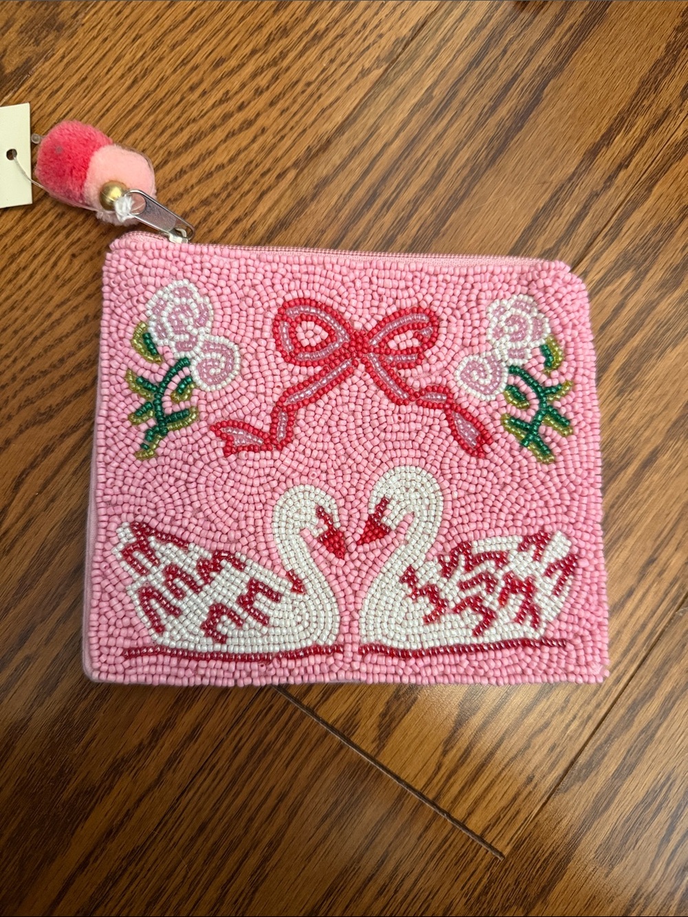 Pink Beaded Swan Zip Pouch